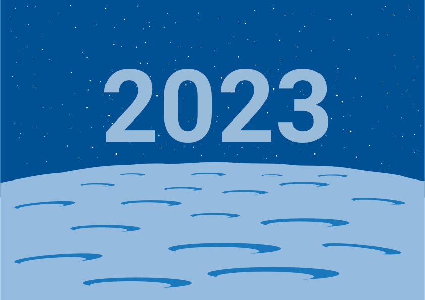 Die Zahl 2023 schwebt über der Oberfläche eines mit Kratern übersäten Planeten.