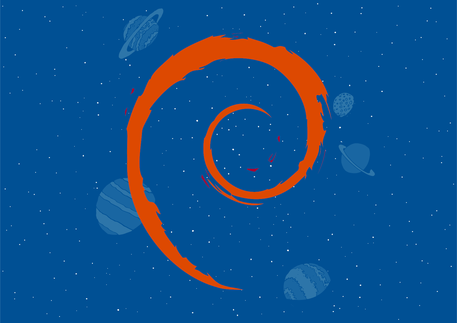Das Debian-Logo schwebt in einem blauen Weltall.