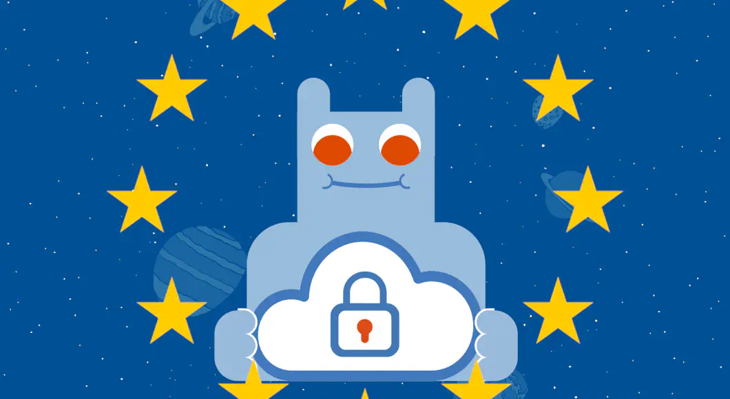 Hostsharing-Maskottchen hält eine Cloud mit Vorhängeschloss in der Hand.