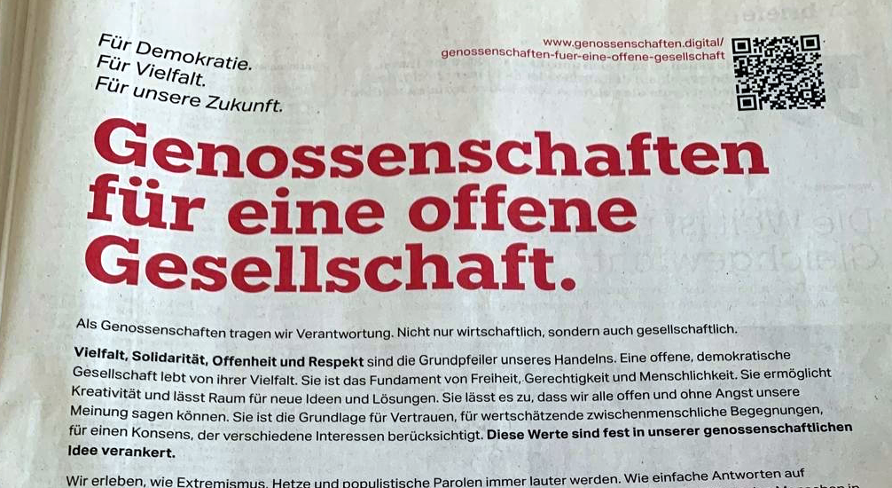 Foto eines Zeitungstitels: Genossenschaften für eine offene Gesellschaft